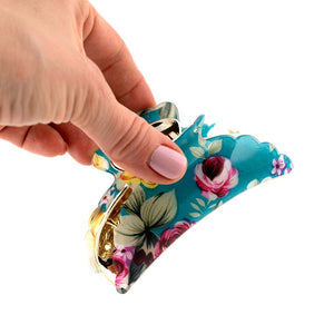 Large Teal Floral Print Plastic Hair Claw