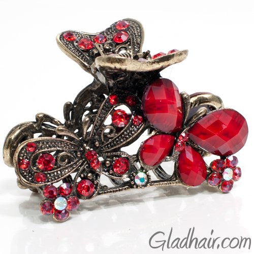 Ginoya Brothers Metal Headdress Hair Clips Large Flower Tassel Claw Clip  Super Flash Nonslip Hairpin. (half butterfly red)